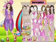 Gameplay screenshot of Easter Party Dressup, showing a young girl in a colorful spring outfit ready for an Easter themed costume party.