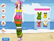 Blue Beach Fashion dress up game featuring a female model on a blue beach promenade wearing a colorful summer outfit