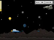 Screenshot of Interstellar Storm 2 showing a small spaceship firing multiple weapons at large asteroids and enemy ships.