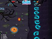 Magic Pumpkin's Competition game screenshot showing a young girl in a witch costume riding a skateboard or flying over a spooky Halloween landscape, collecting pumpkins and dodging obstacles.