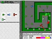 Gameplay screenshot of Pixel Tower Defence showing a brick castle under attack by pixelated enemies, with various defensive towers placed along a winding path.