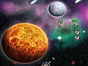Lone Space Defender game screenshot showing a lone player starship firing lasers at a large formation of hostile alien spacecraft; Play Lone Space Defender free alien shooter online