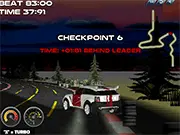 Screenshot of Night Race Rally game showing a modified rally car racing at high speed on a track at night, with a blue turbo boost trail