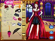 Goth Prom Dresses game screenshot showing the character Olivia in a dark, elegant goth prom dress with accessories and makeup.