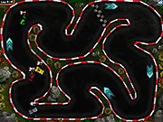 Screenshot of Racing Warrior showing two combat cars shooting each other on a futuristic race track.