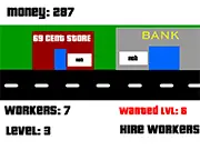 Grand Clicker Auto: Liberty City game screen showing a clicker interface with dollar bills and upgrade buttons for hiring workers