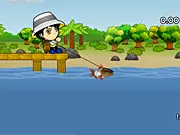 Fishtopia Adventure game screenshot showing a fishing line cast into colorful water, free online fish collection game