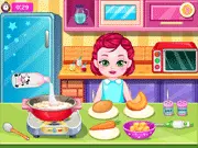 Baby Breakfast Rush cooking game screenshot showing ingredients, kitchen tools, and a baby waiting for food.