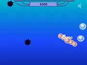 Screenshot of the minimalist game RotaZion, showing a central shape rotating to collect glowing bubbles while avoiding small black spinning mines