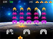 Screenshot of the classic arcade shooter Galaxy Invaders, showing a laser cannon at the bottom of the screen firing at descending rows of pixelated alien spaceships