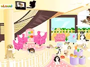 Pet Puppies: Messy Room Cleanup game screenshot showing a variety of puppies scattered around a room with toys, a fun online organizing game