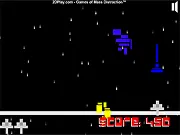 AstroFlash online game screenshot showing a spaceship tethered to a central bar while shooting lasers at waves of incoming alien ships