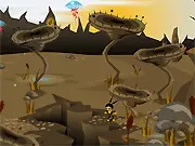 The character Chi Chi shooting an enemy while running and collecting gold coins in the free side-scrolling shooter game