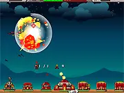 Screenshot of Defense Commander game showing a ground-based turret firing projectiles at multiple flying enemy ships over a silhouette of a city skyline