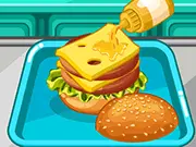 Burger King Cooking online game, preparing ingredients and assembling a large burger, free fast food game