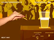 A digital hand performing the beermat flip trick with a stack of coasters in the free online Beermat Flicking Challenge game