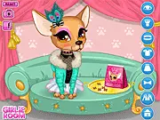 Advertising Star free online game screenshot, Macie styling her Chihuahua Bailey in an elegant outfit, pet dress up game