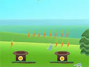 Screenshot of The Amazing Flying Babbits game showing a cartoon rabbit being launched from a cannon to collect floating carrots.