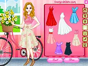 Flower Girl Flash screenshot showing Amy wearing a stylish summer outfit next to her bicycle decorated with colorful flowers and ribbons