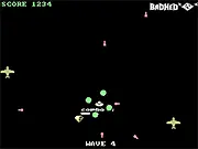Gameplay screenshot from Defem, showing a small alien spaceship dodging a barrage of colorful enemy bullets in a retro Soviet Russia setting