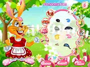 Little Bunny Salon game featuring an adorable cartoon bunny getting groomed and dressed up with flowers and bows