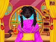 Chinese Princess Hair Design free online game screenshot showing a beautiful princess model receiving an ancient, elaborate hairstyle with decorative shining hair accessories