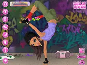 Breakdance Battle game screen showing Nia performing a freeze pose on the dance floor in a cool, flexible street wear outfit