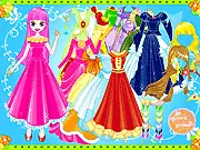 Screenshot of the 'Dancing Party Dressup' online game showing a princess model with a selection of elegant gowns and accessories on the side menu