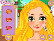 Rapunzel Summer Wedding game screenshot showing Rapunzel in a wedding dress next to a decorated outdoor island ceremony arch, play free dress-up