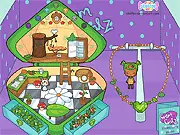 Screenshot of the GemGalz - Jade Playset game showing a cute doll named Jade wearing a custom-designed jade necklace in a brightly decorated dollhouse room.