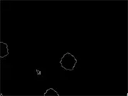 Meteors game screen showing a small triangular spaceship shooting lasers at large, polygonal asteroids and meteors in deep space.