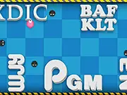 Screenshot of the free online game Typo Run showing an avatar running on a track, collecting floating letters that spell out a word, while dodging enemy obstacles.