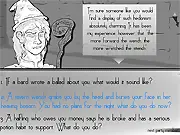 Screenshot from Devoured Intellect showing the Royal Inquisitor interviewing a suspicious party member in a shadowy visual novel setting