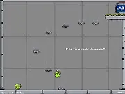 Blob Escape from Lab 16B game screen showing small, green blob monsters running across platforms inside a dark, futuristic laboratory.