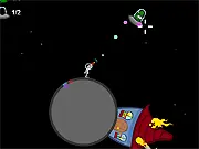 Screenshot of Mooniverse 2: Blood Moon showing a futuristic hero character shooting a laser at invading alien enemies on a space station