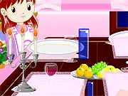 Dining Room Maker free online game screenshot showing a fully decorated dining room with table, chairs, and window view
