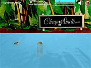 The character Sammy the salmon leaping out of the water to collect an item in the free online game Upstream Dash