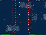 The Candy Skull Lords game art showing a character with a skull mask shooting a stream of bullets at an army of colorful, hostile candy enemies; Play Candy Skull Lords free online shooter
