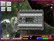 Free online game screenshot of defense towers shooting down space ships on a floating island in the strategy game Tyrian TD