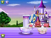 A colourful screenshot from the Princesses Cake game, showing a fully decorated multi-tiered royal cake with frosting, pearls, and princess-themed toppings.