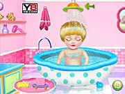 Cute Little Baby Care free online game screenshot showing baby in a bubble bath