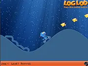 Shark Bike 2 game screenshot showing an adorable cartoon shark riding a dirt bike over a large hill to collect floating fish; Play Shark Bike 2 free online