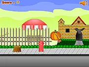 Pumpkin Skates free online game screenshot showing a skater avoiding pumpkin and Halloween-themed obstacles on a course