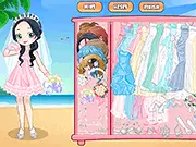 Summer Bride Dress Up online game screenshot - A beautiful bride wearing a summer-themed gown on a beach setting.