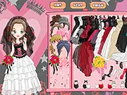 Screenshot of the free online game Punk Bride Dress Up showing a punk-style female avatar with black hair and dramatic makeup wearing a black and white wedding gown with chains and leather.
