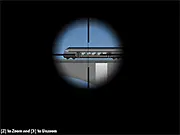 Nasty Sniper free online game screenshot, showing a sniper rifle scope view over a city street on PlayArcadeHub.
