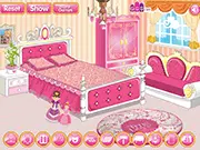 Princess Room Decor free online design game on PlayArcadeHub, showing a royal bedroom with pink and gold furniture.