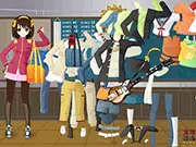 Screenshot of the Japanese School Girl Dress Up game showing a female student character wearing a red ribbon, plaid skirt, and blazer uniform.