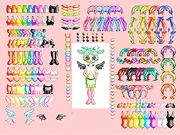 Screenshot of the Pixel Dressup game showing a small, blocky pixel art female character standing in front of a wardrobe selection of various pixelated dresses and hairstyles.
