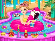 Screenshot of the Princess Swimming Pool Spa game showing a royal character relaxing by a fancy decorated swimming pool in a stylish swimsuit.